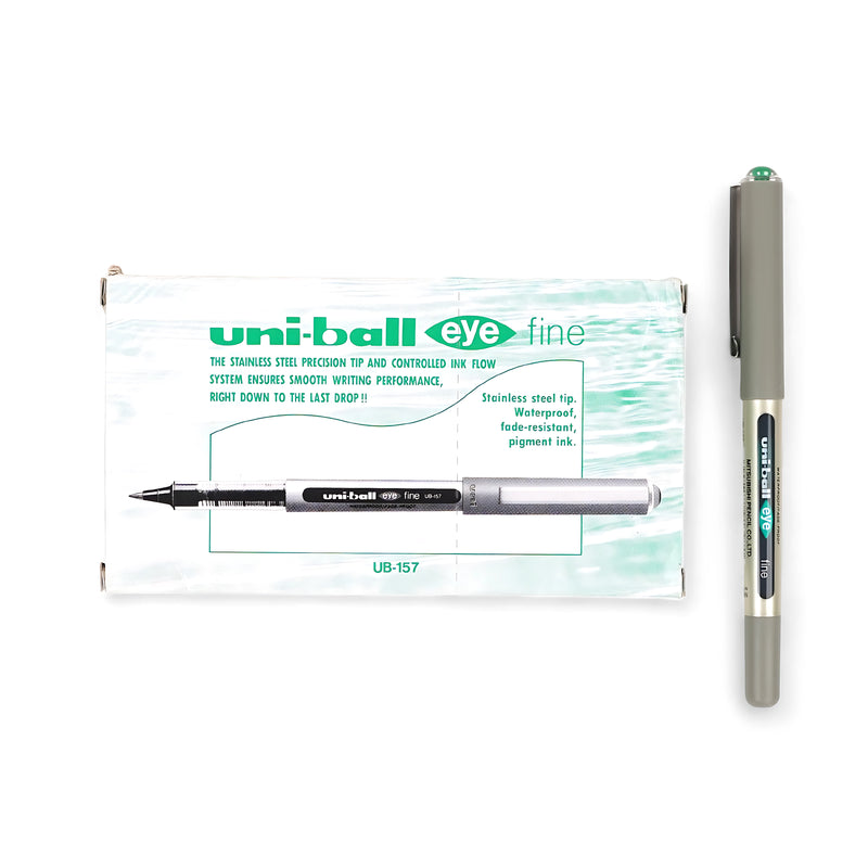 Uni-ball Eye Fine Rollerball Pen UB-157 with 0.7mm stainless steel tip and waterproof green pigment ink for precise, smooth writing.

