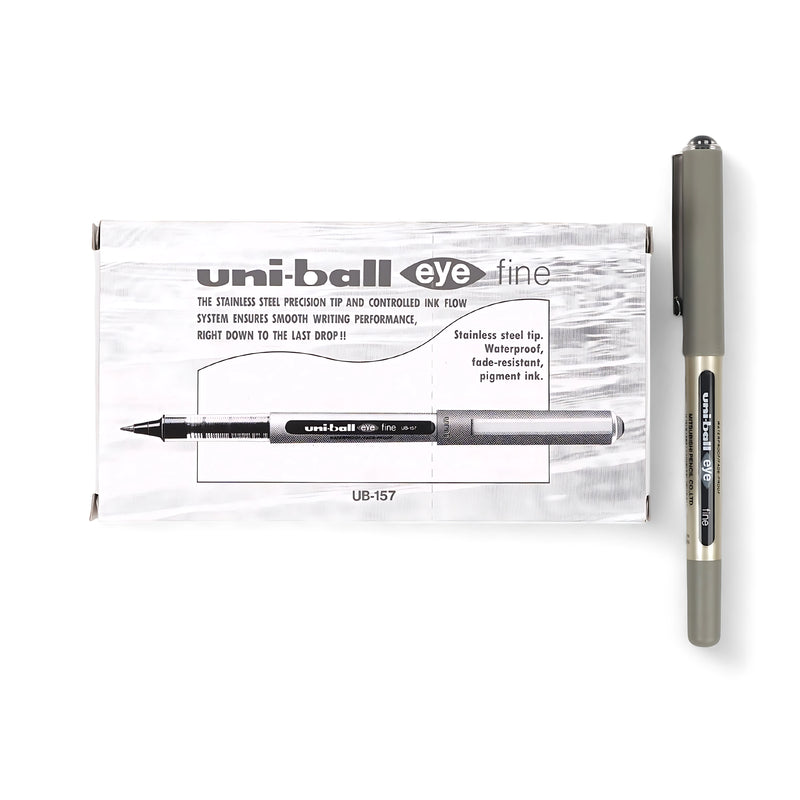 Uni-ball Eye Fine Rollerball Pen UB-157 with 0.7mm stainless steel tip and waterproof black pigment ink for smooth, precise writing.

