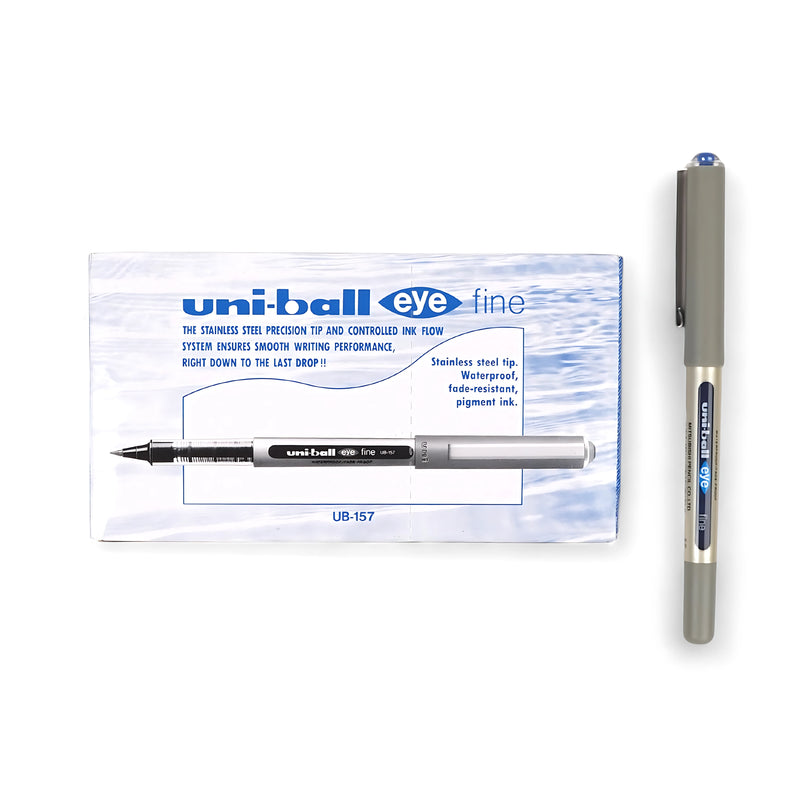 Uni-ball Eye Fine Blue Rollerball Pen UB-157 with 0.7mm stainless steel tip and waterproof pigment ink for precise, smooth writing.

