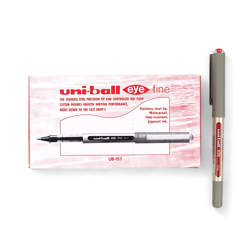 Uni-ball Eye Fine Rollerball Pen UB-157 with 0.7mm stainless steel tip and waterproof red pigment ink for smooth and precise writing.

