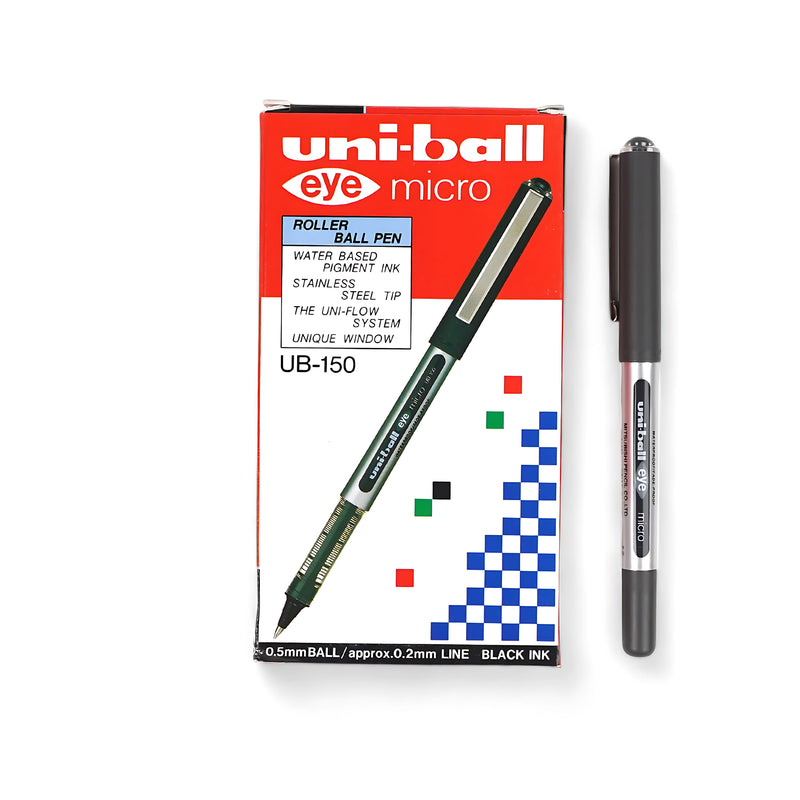 Uni-ball Eye Micro Rollerball Pen UB-150 with black ink and 0.5mm tip, featuring a transparent body and smooth Uni-Flow ink system.

