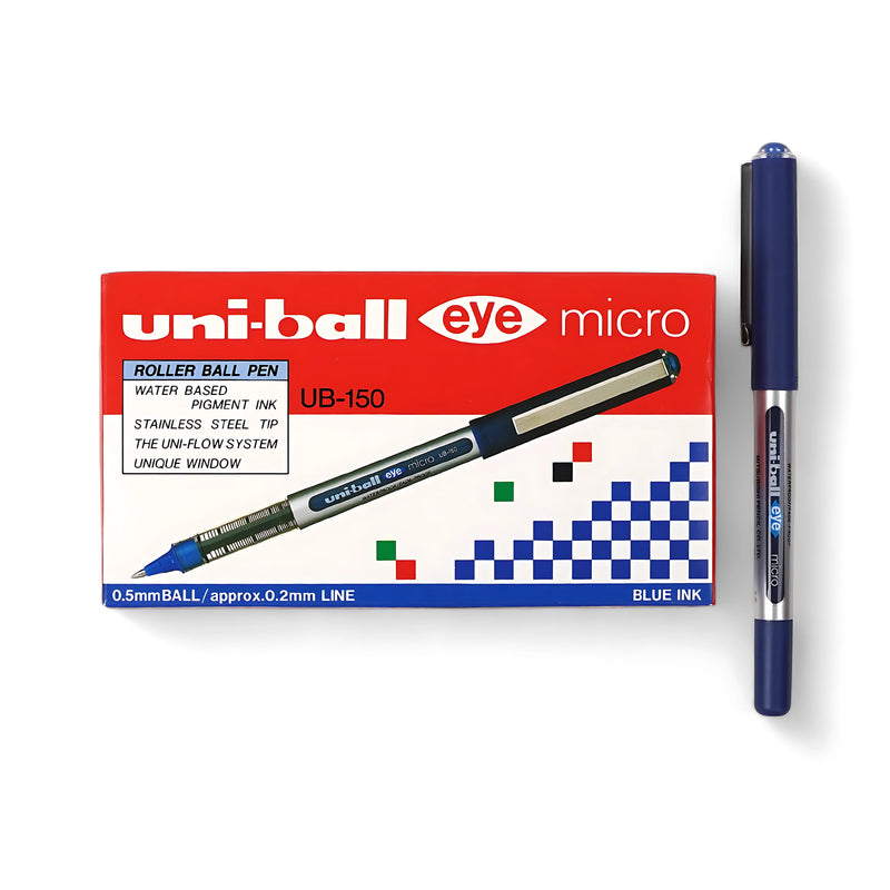 Uni-ball Eye Micro Rollerball Pen UB-150 with blue ink and 0.5mm tip, featuring a transparent body and smooth Uni-Flow ink system.

