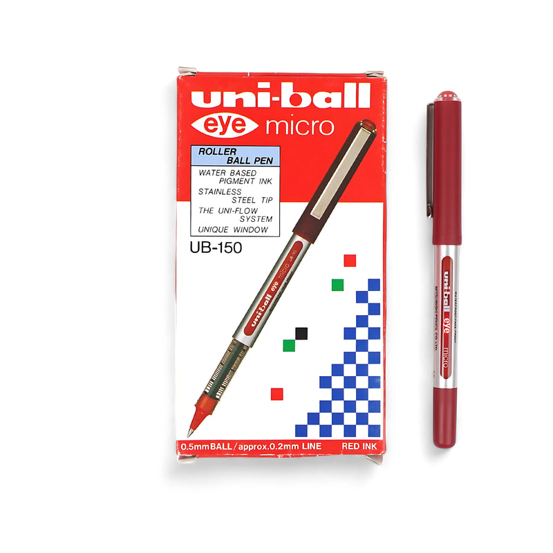 Uni-ball Eye Micro Rollerball Pen UB-150 with red ink and 0.5mm tip, featuring a transparent body and smooth Uni-Flow ink system.

