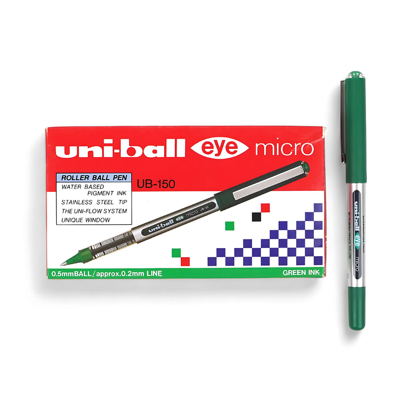 Uni-ball Eye Micro Rollerball Pen UB-150 with green ink and 0.5mm tip, featuring a transparent body and smooth ink flow system.

