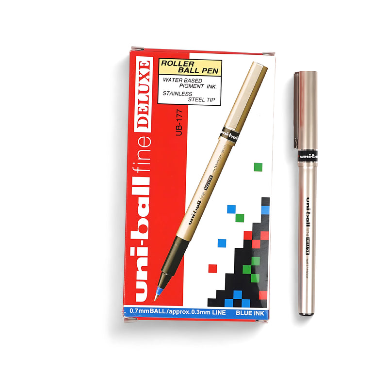 Uni-ball Fine Deluxe Rollerball Pen UB-177 with 0.7mm stainless steel tip and blue water-based pigment ink.


