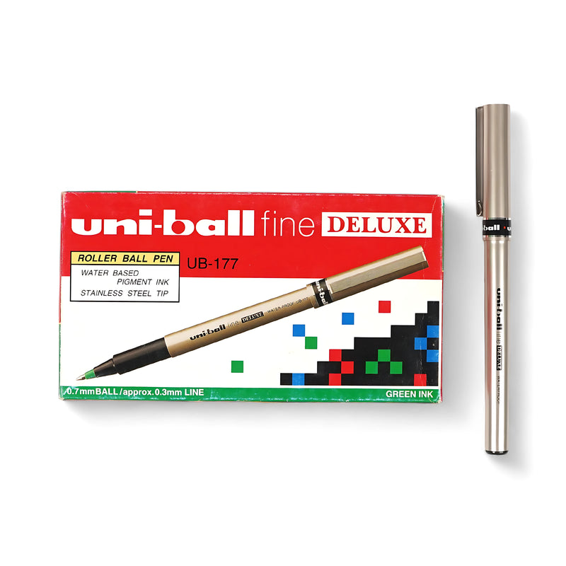 Uni-ball Fine Deluxe Rollerball Pen UB-177 with green ink, 0.7mm stainless steel tip, and sleek metallic body for smooth, precise writing.


