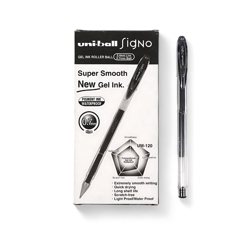 Uni-ball Signo UM-120 Gel Ink Pen with 0.7mm tip and waterproof black ink for professional writing.

