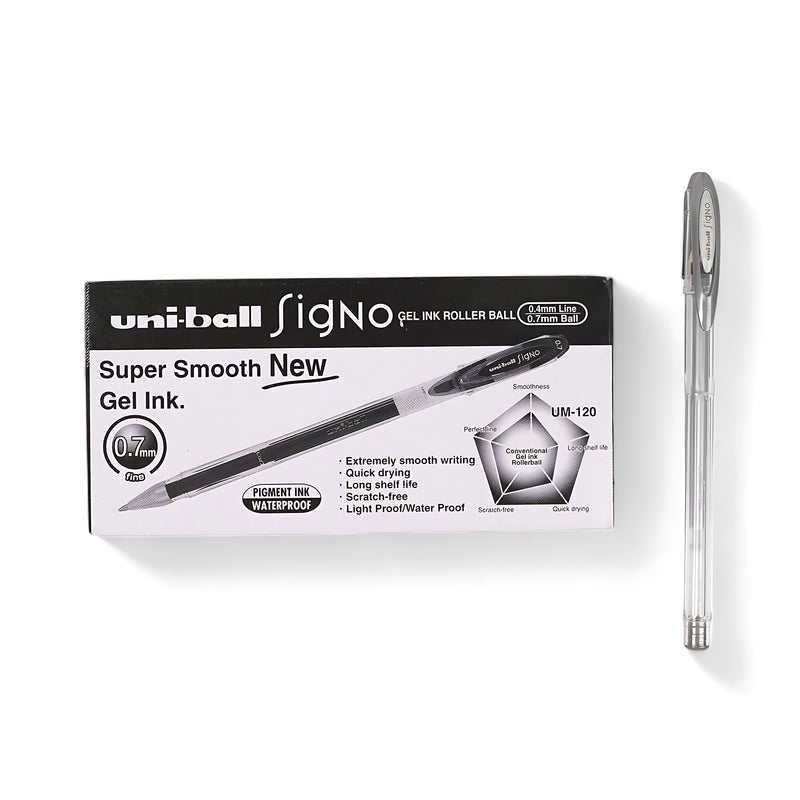 Uni-ball Signo UM-120 Gel Ink Pen with 0.7mm fine tip and waterproof grey ink for smooth and precise writing.

