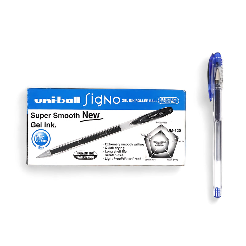 Uni-ball Signo UM-120 Gel Ink Rollerball Pen with 0.7mm fine tip and waterproof blue ink for smooth and precise writing.


