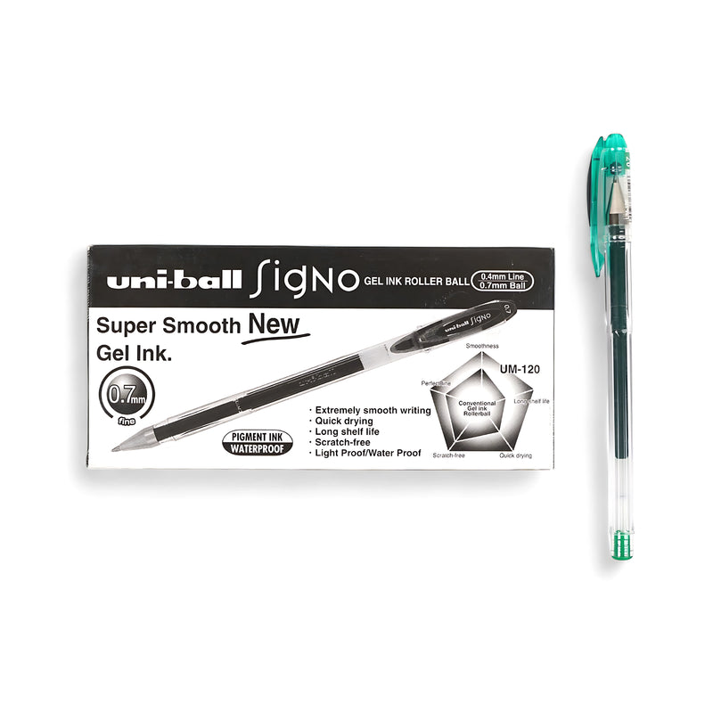 Uni-ball Signo UM-120 Gel Ink Rollerball Pen with 0.7mm fine tip and waterproof green ink for precise and smooth writing.

