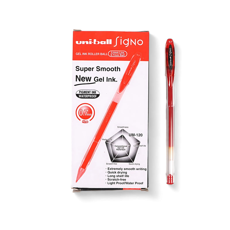 Uni-ball Signo UM-120 Gel Ink Rollerball Pen with 0.7mm fine tip and waterproof red ink for smooth, precise writing.

