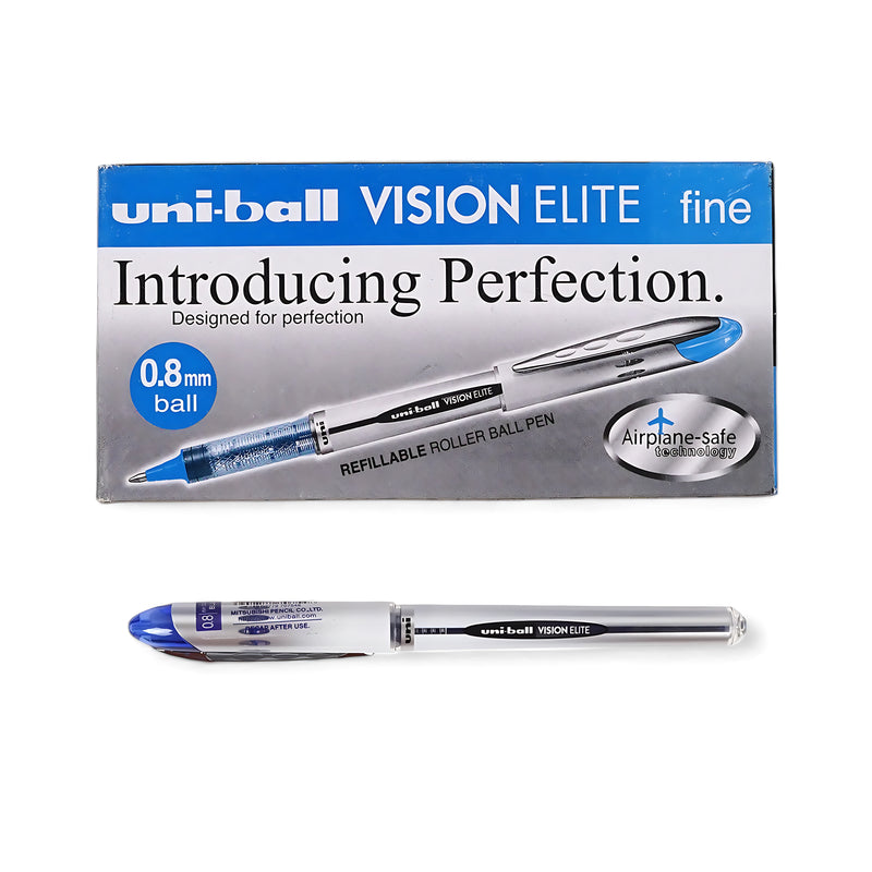 Uni-ball Vision Elite 0.8mm rollerball pen with blue ink and airplane-safe technology – Pack of 12.

