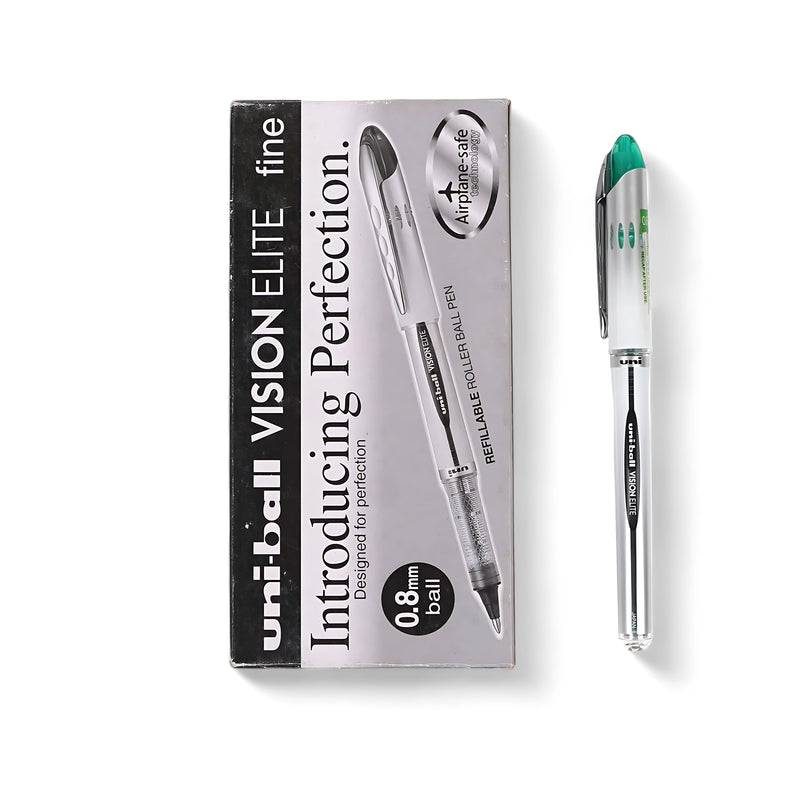 Uni-ball Vision Elite 0.8mm rollerball pen with green ink and airplane-safe technology – Pack of 12.

