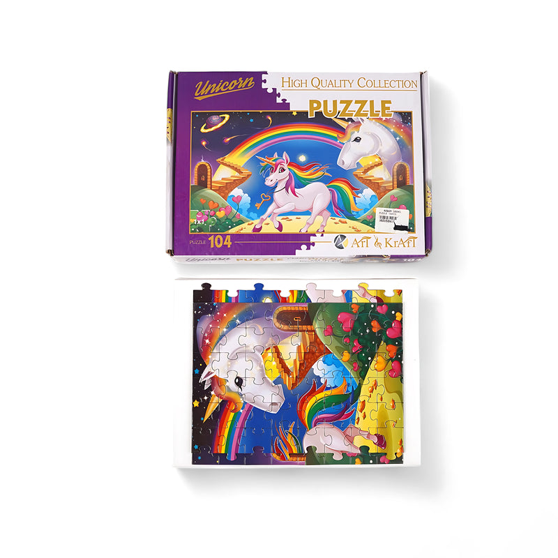 104-piece unicorn jigsaw puzzle featuring a vibrant, fantasy-themed landscape with rainbows, packaged in a purple box for children aged 6+.

