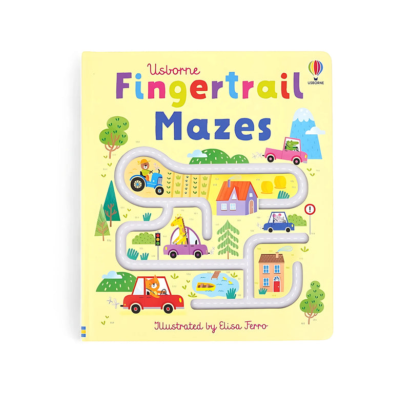 Cover of the Usborne Fingertrail Mazes book, featuring colorful illustrations of animals, cars, and houses with a finger-tracing maze.

