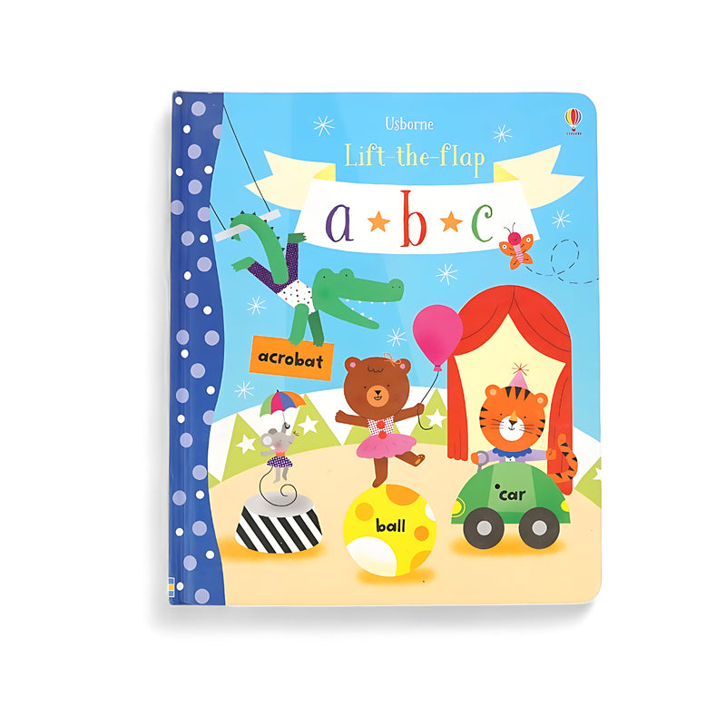 Cover of Usborne Lift-the-Flap ABC showing playful animals and objects representing letters with colorful flaps to lift.






