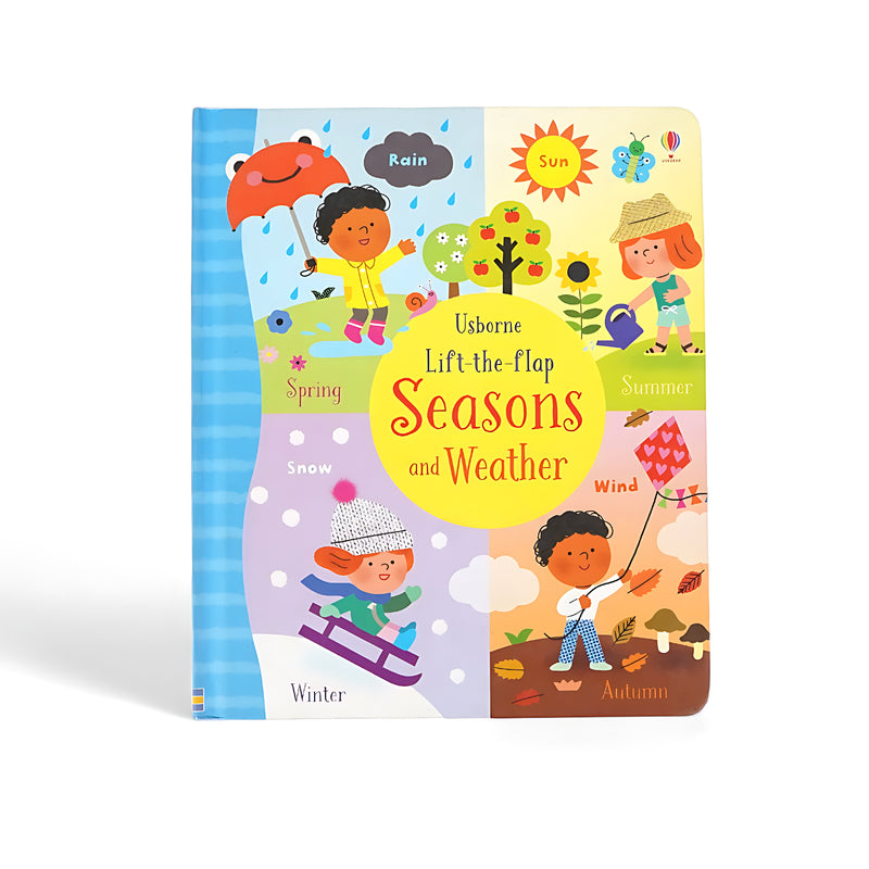 Cover of Usborne Lift-the-Flap Seasons and Weather showing colorful illustrations of children enjoying various weather conditions across different seasons, such as Spring, Summer, Autumn, and Winter.






