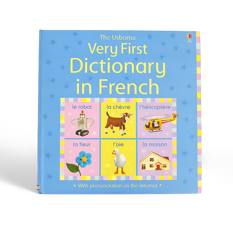 Cover of The Usborne Very First Dictionary in French, featuring colorful blocks with French words like "la fleur," "le robot," and "l’hélicoptère" along with their illustrations.






