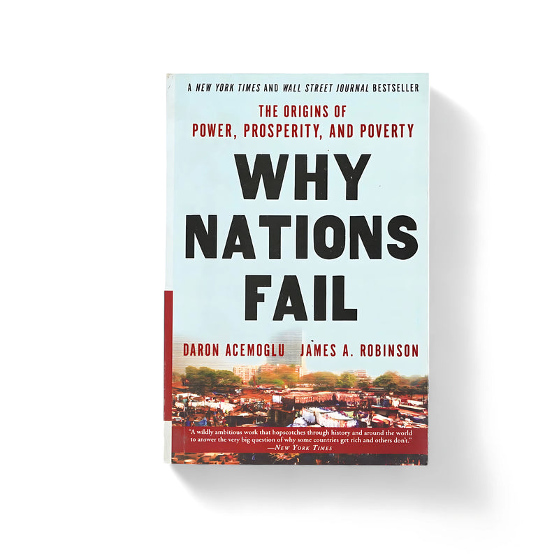 Cover of Why Nations Fail by Daron Acemoglu and James A. Robinson, featuring bold typography and imagery depicting a contrast between wealth and poverty.






