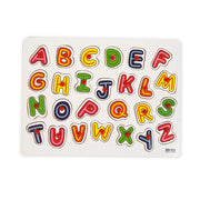 Wooden alphabet peg puzzle featuring colorful ABC letters with easy-to-grip pegs, designed to help kids learn letter recognition and improve fine motor skills.