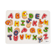 Wooden alphabet peg puzzle featuring colorful ABC letters with easy-to-grip pegs, designed to help kids learn letter recognition and improve fine motor skills.