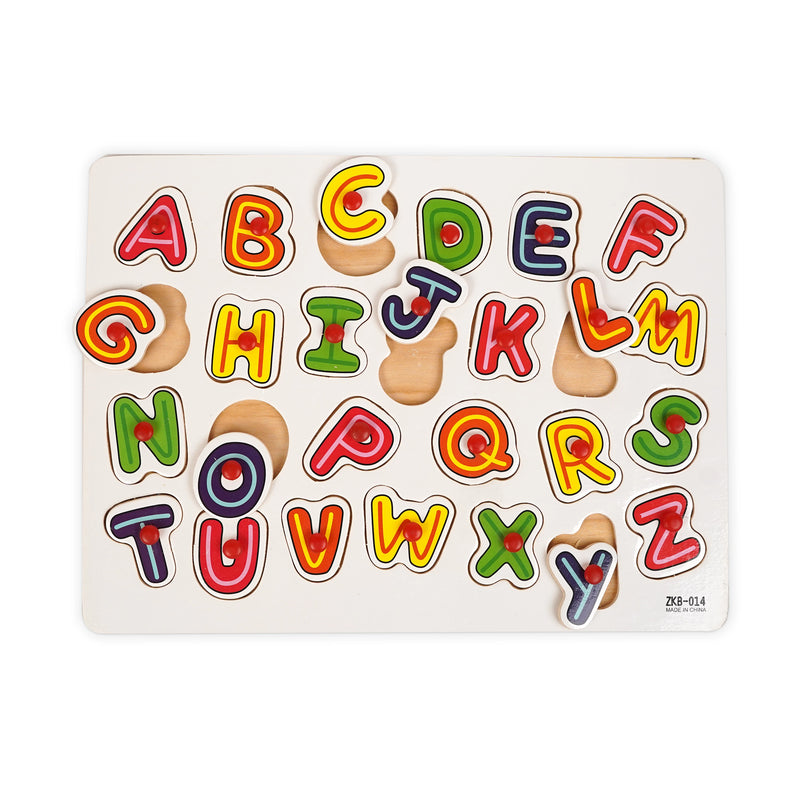 Wooden alphabet peg puzzle featuring colorful ABC letters with easy-to-grip pegs, designed to help kids learn letter recognition and improve fine motor skills.