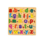 Wooden alphabet puzzle with colourful letters from A to Z, featuring phonetic symbols and illustrations of objects like butterfly, giraffe, and xylophone, designed to teach toddlers letter recognition, phonetics, and fine motor skills through interactive play. img2