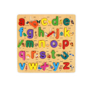 Wooden alphabet puzzle with colourful letters from A to Z, featuring phonetic symbols and illustrations of objects like butterfly, giraffe, and xylophone, designed to teach toddlers letter recognition, phonetics, and fine motor skills through interactive play.