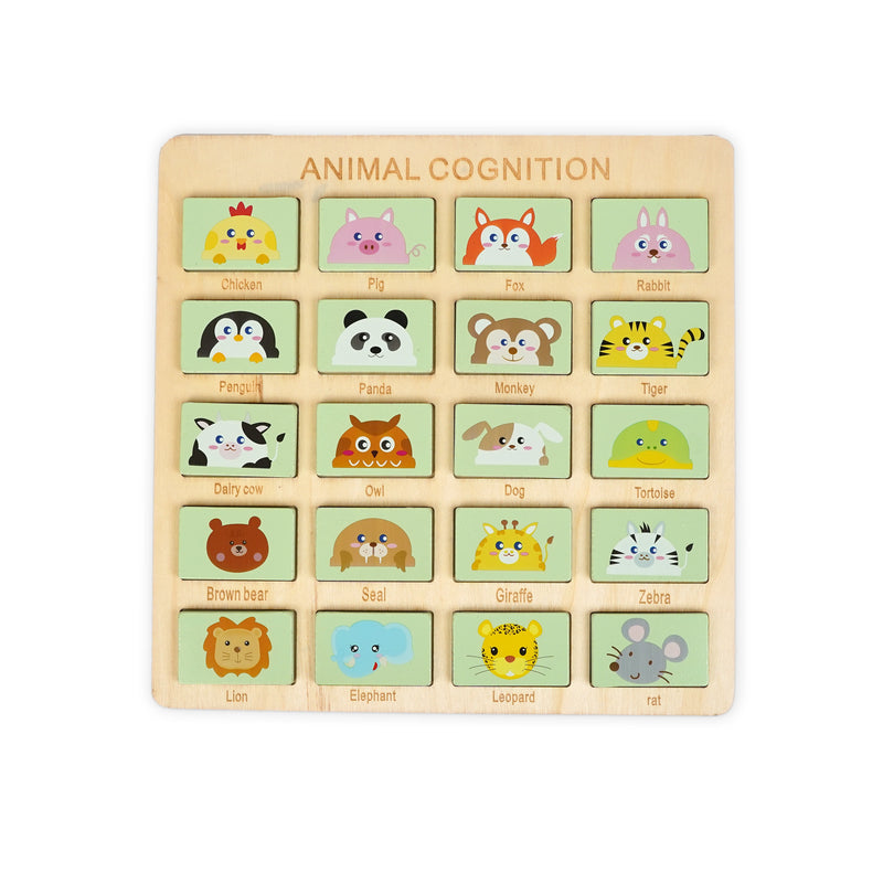 Wooden animal cognition puzzle featuring colourful illustrations of 20 animals such as a lion, panda, giraffe, and dog, designed to help toddlers develop animal recognition and fine motor skills through interactive play.