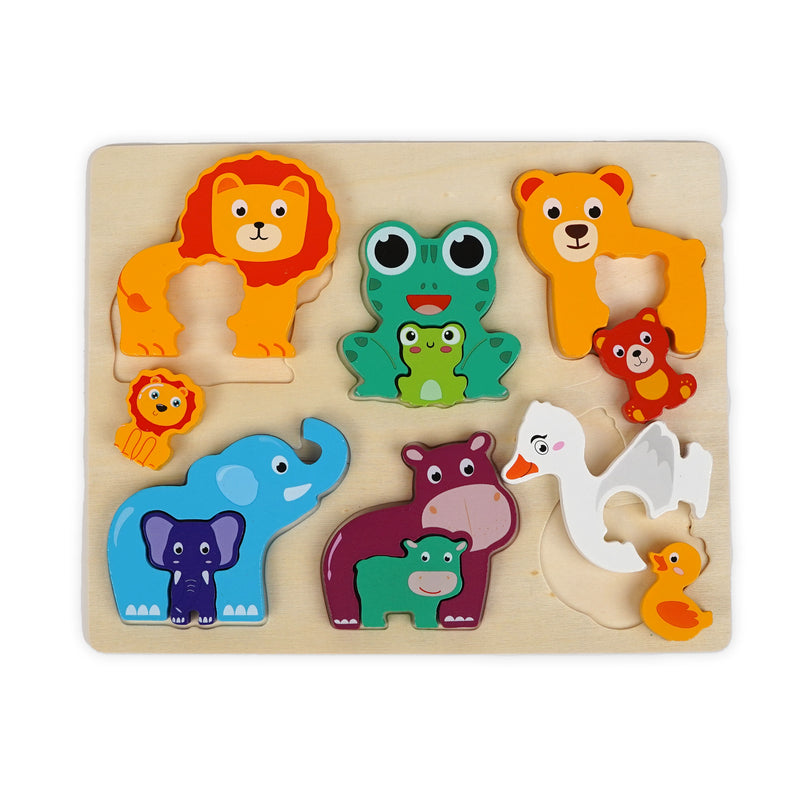 Wooden animal puzzle set with 6 colorful animal pieces including a lion, elephant, fox, giraffe, crocodile, and bear, designed for toddlers to enhance fine motor skills and hand-eye coordination.