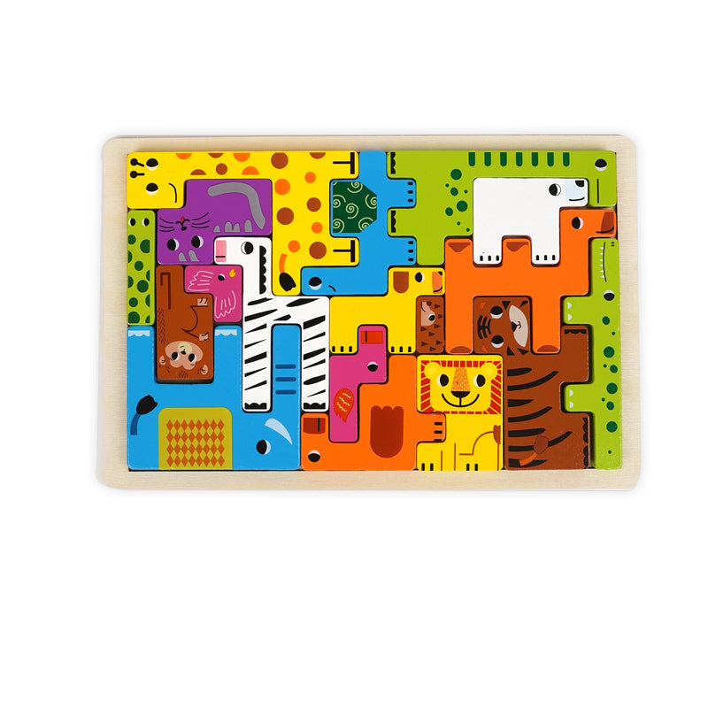 Wooden jungle-themed puzzle featuring colourful animal shapes like lions, tigers, zebras, and giraffes, designed to help toddlers develop animal recognition, fine motor skills, and problem-solving abilities.