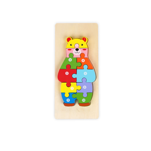 Wooden bear-shaped puzzle featuring colourful numbered pieces from 1 to 10, designed to help toddlers develop number recognition, fine motor skills, and problem-solving abilities.
