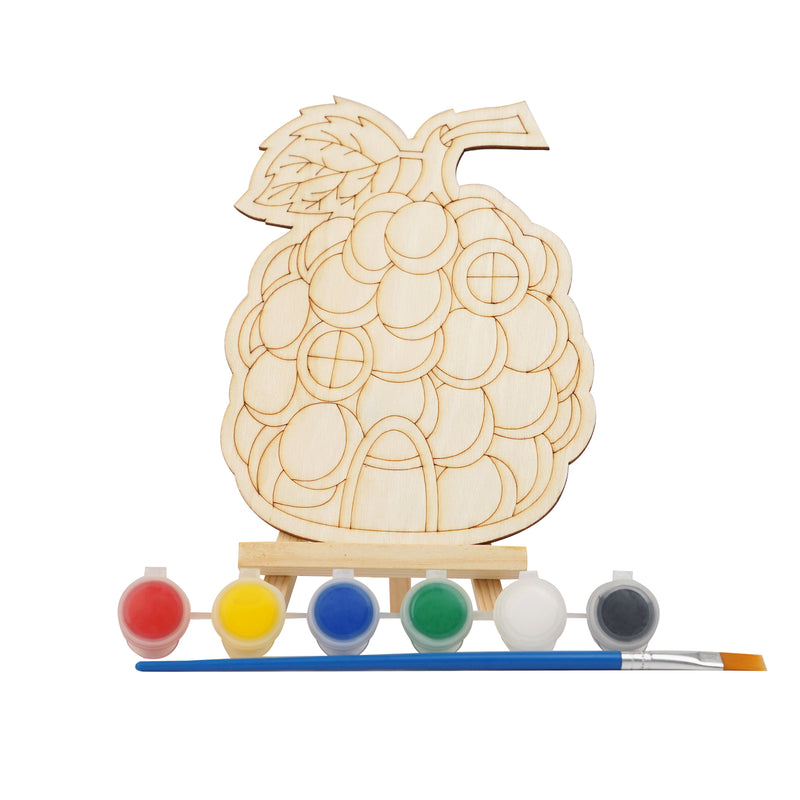 Wooden Berry Painting Kit for Kids with standable berry design, 6 paints, and brush.

