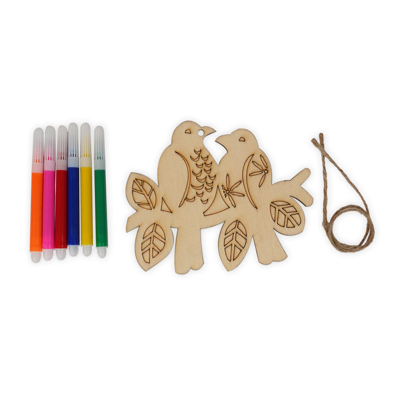 Wooden Bird Pair Painting Kit for Kids with 6 colorful markers and twine for hanging decoration.

