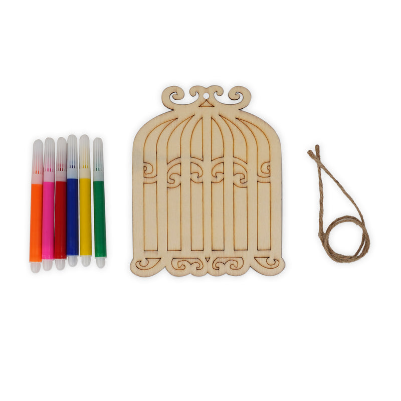 Wooden Birdcage Painting Kit for Kids with 6 colorful markers and twine for hanging decoration.

