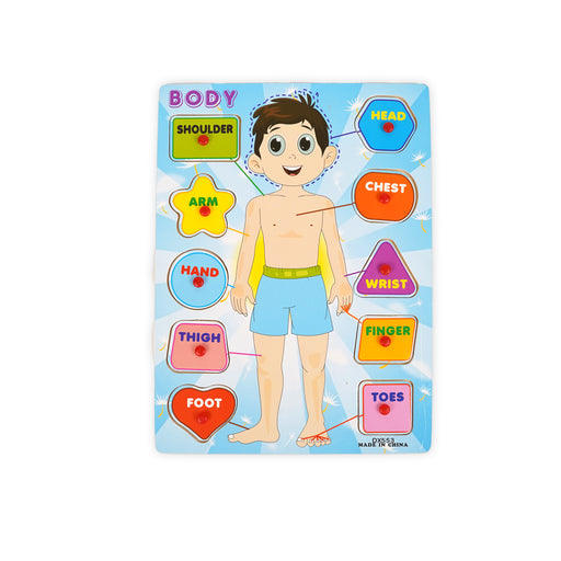 Wooden body parts puzzle featuring labeled body features like head, arm, hand, and foot, designed to help children learn anatomy and develop fine motor skills through play.