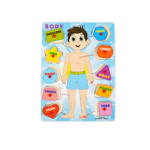 Wooden body parts puzzle featuring labeled body features like head, arm, hand, and foot, designed to help children learn anatomy and develop fine motor skills through play.