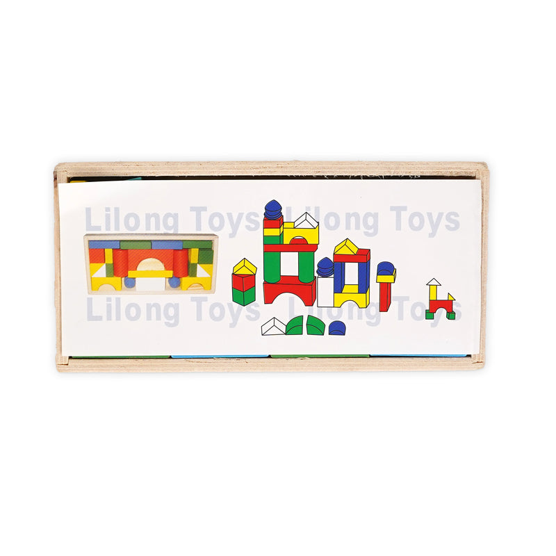 Wooden Building Blocks Set in vibrant colors, featuring a variety of shapes for creative and imaginative play, designed for children aged 3+.