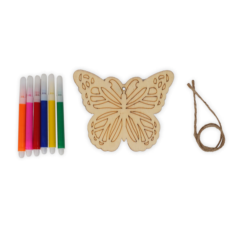 Wooden Butterfly Painting Kit for Kids with 6 colorful markers and twine for hanging decoration.


