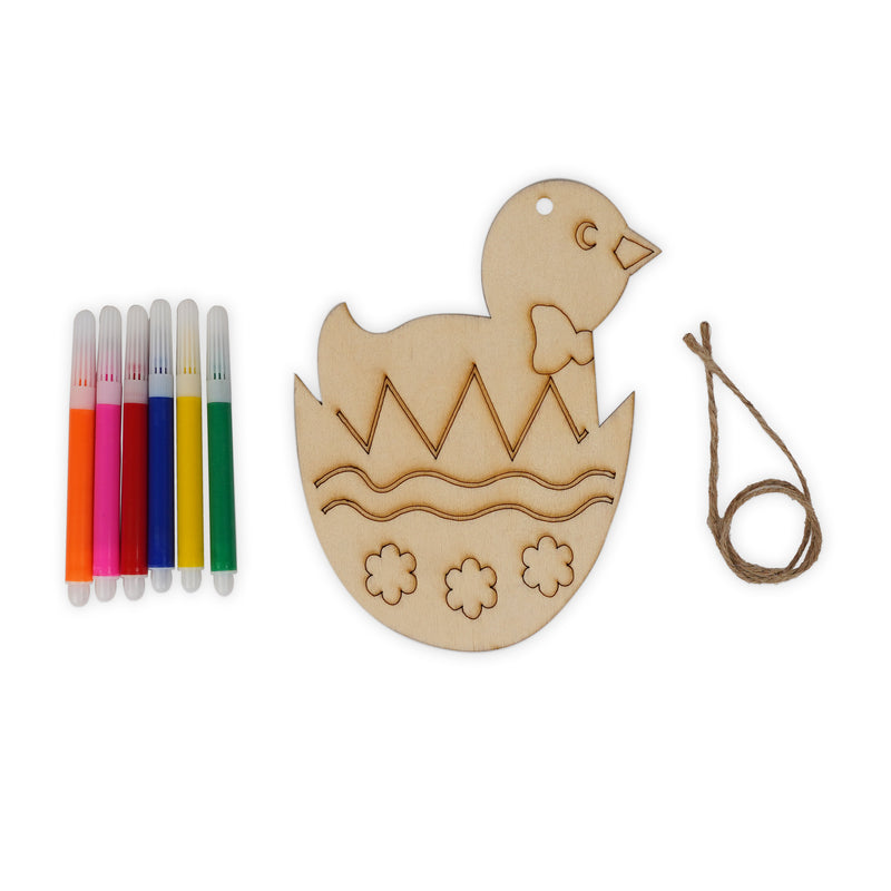 Wooden Chick in Egg Painting Kit for Kids with 6 colorful markers and twine for hanging decoration.

