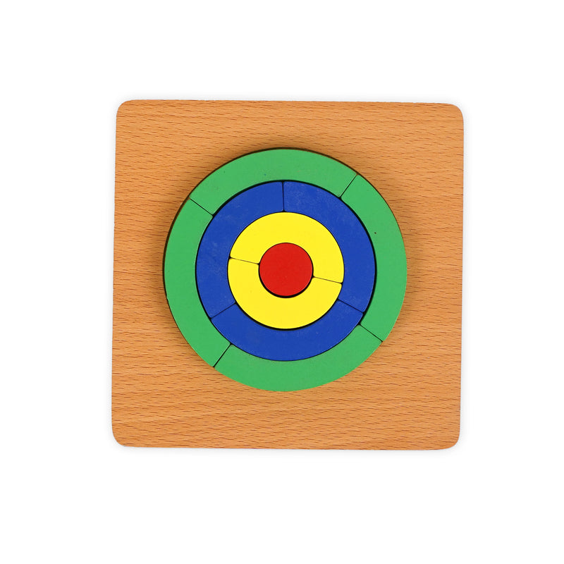  Wooden circle puzzle with colorful geometric pieces designed for toddlers to develop fine motor skills, shape recognition, and problem-solving abilities.