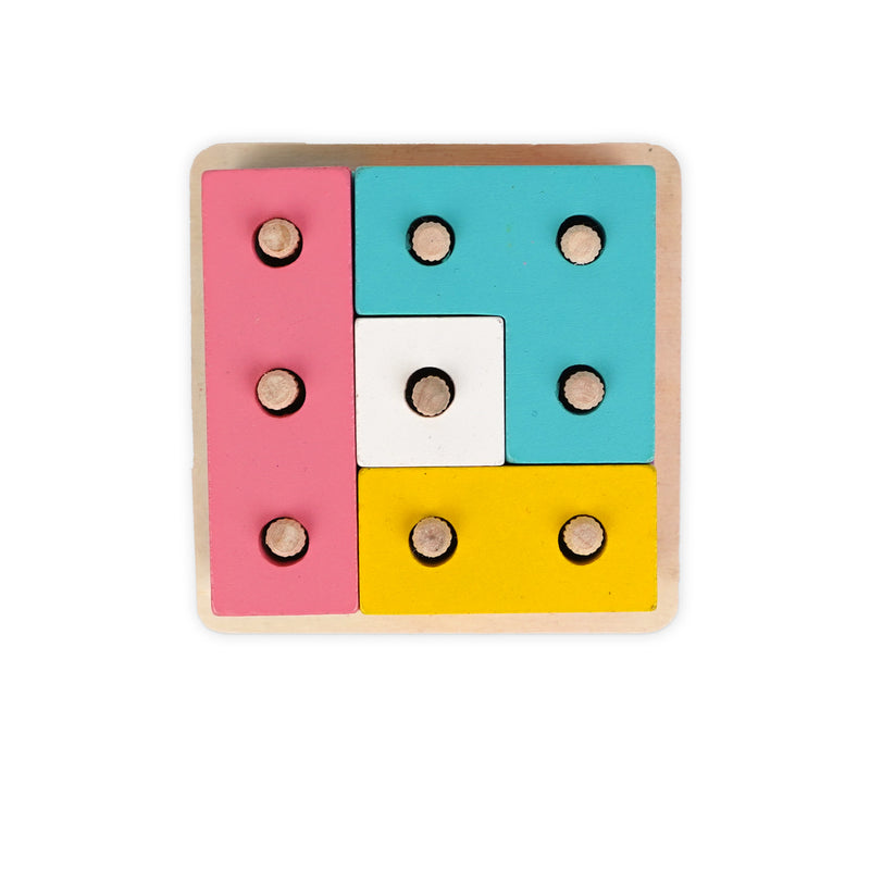 Wooden color block peg puzzle featuring vibrant geometric blocks in various shapes and sizes, designed to help kids learn shape sorting and color recognition while improving fine motor skills.