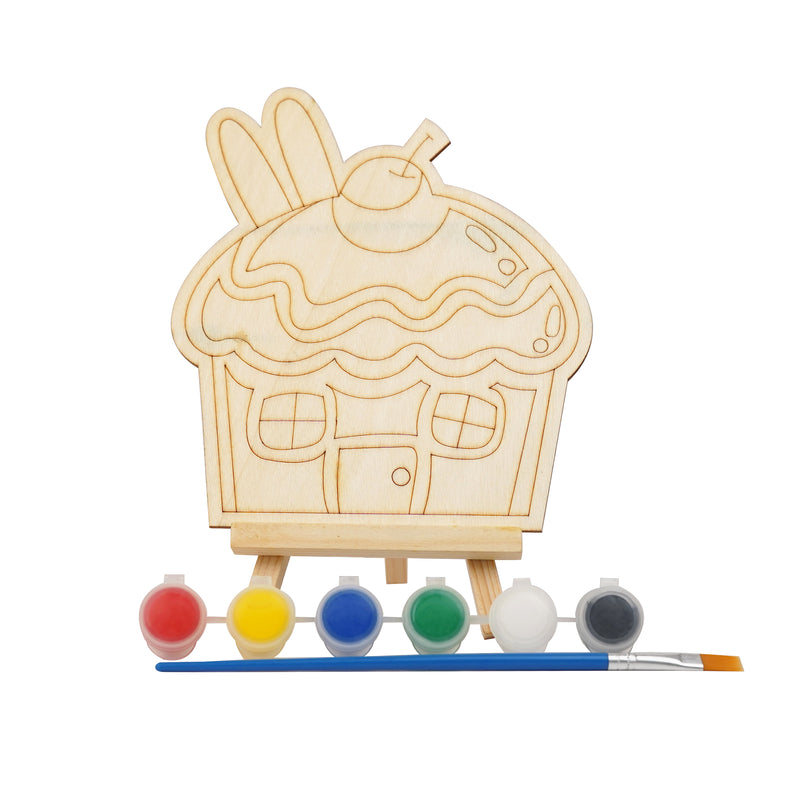 Wooden Cupcake Painting Kit for Kids with standable cupcake design, 6 paints, and brush.