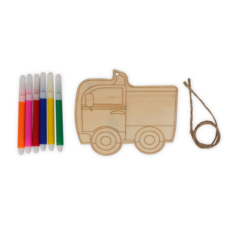 Wooden Delivery Truck Painting Kit for Kids with 6 colorful markers and twine for hanging decoration.