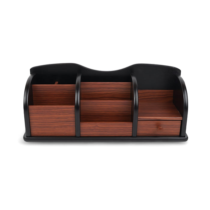 Wooden desktop organizer with multiple compartments and a pull-out drawer, ideal for storing office supplies and personal items.

