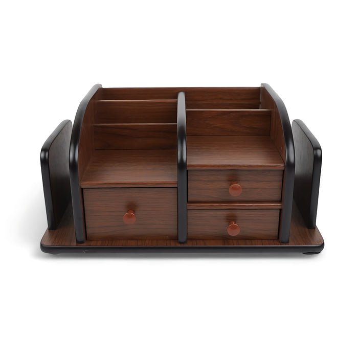 Wooden desktop organizer with multiple compartments and three drawers, ideal for organizing office supplies or personal items.

