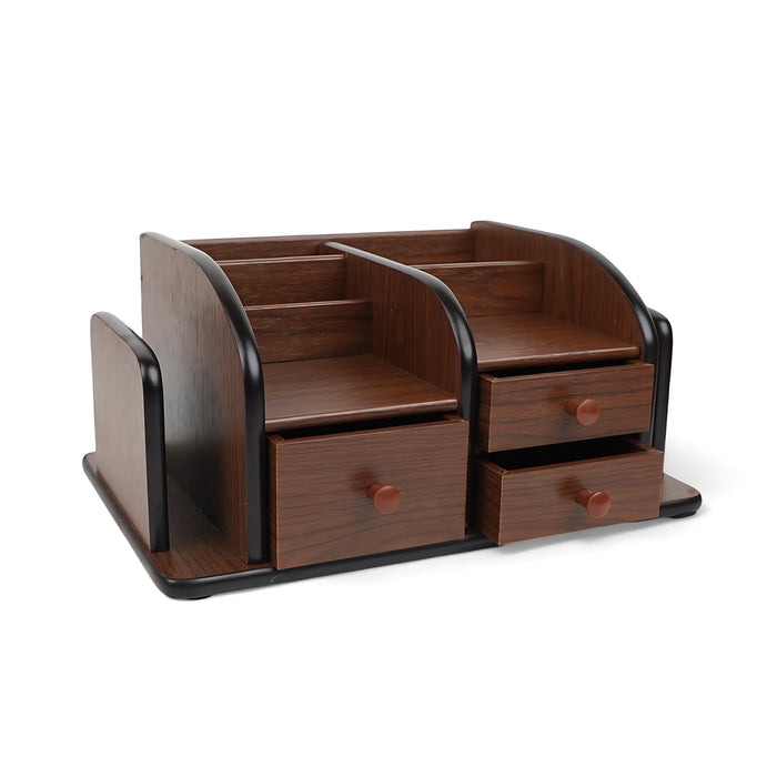 Wooden desktop organizer with multiple compartments and three drawers, ideal for organizing office supplies or personal items.


