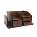 Wooden desktop organizer with multiple compartments and three drawers, ideal for organizing office supplies or personal items.

