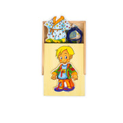 Wooden Dress-Up Puzzle for toddlers featuring a boy figure with mix-and-match outfits, promoting fine motor skills and imaginative play for children aged 3+