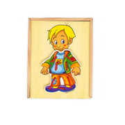 Wooden Dress-Up Puzzle for toddlers featuring a boy figure with mix-and-match outfits, promoting fine motor skills and imaginative play for children aged 3+ img2